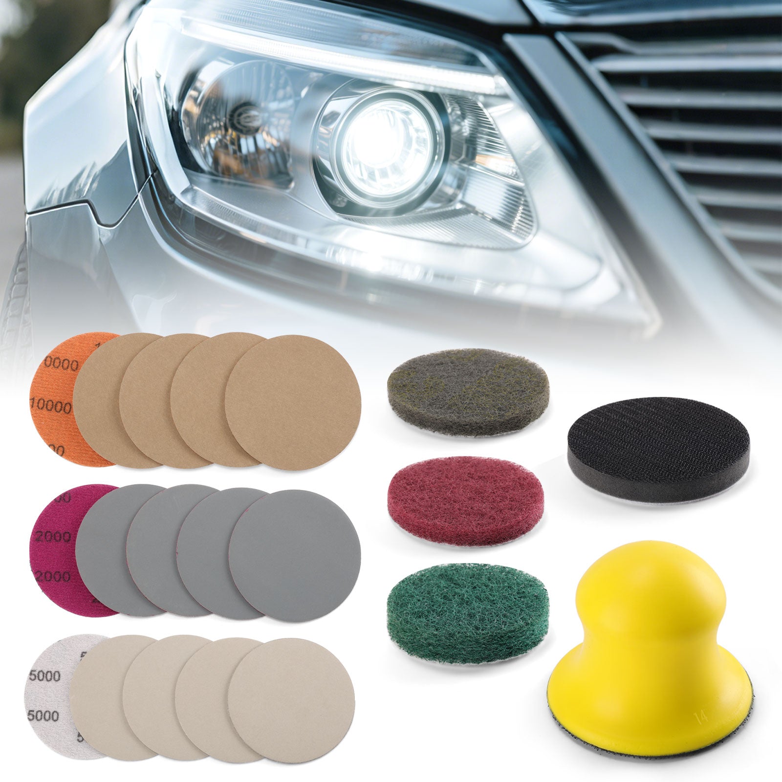 Headlight Restoration DIY Kit (by Hand), 3" (75mm) Scouring Pads + Sanding Discs, Total 19PCS