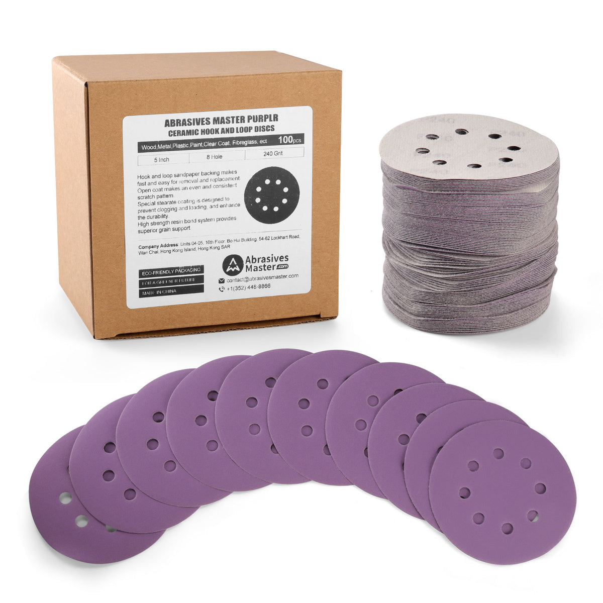 5" (125mm) 8-Hole Hook & Loop Purple Ceramic Sanding Discs - 100Pcs/Box
