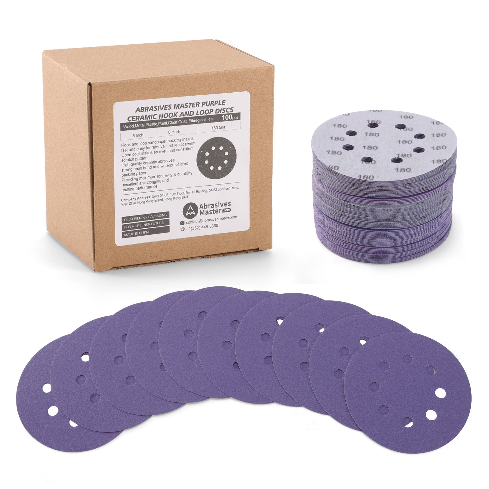 5" (125mm) 8-Hole Hook & Loop Purple Aluminum Oxide Sanding Discs - 100Pcs/Box