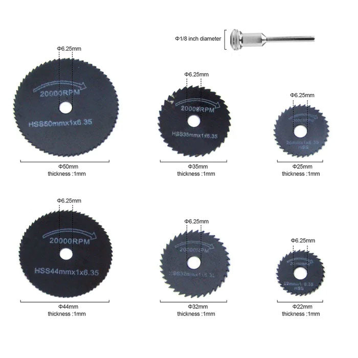 Black HSS(High Speed Steel) Mini Circular Saw Blades 1/8" (3.175mm) Shank Cutting Discs for Dremel Rotary Tools, 7pcs Set