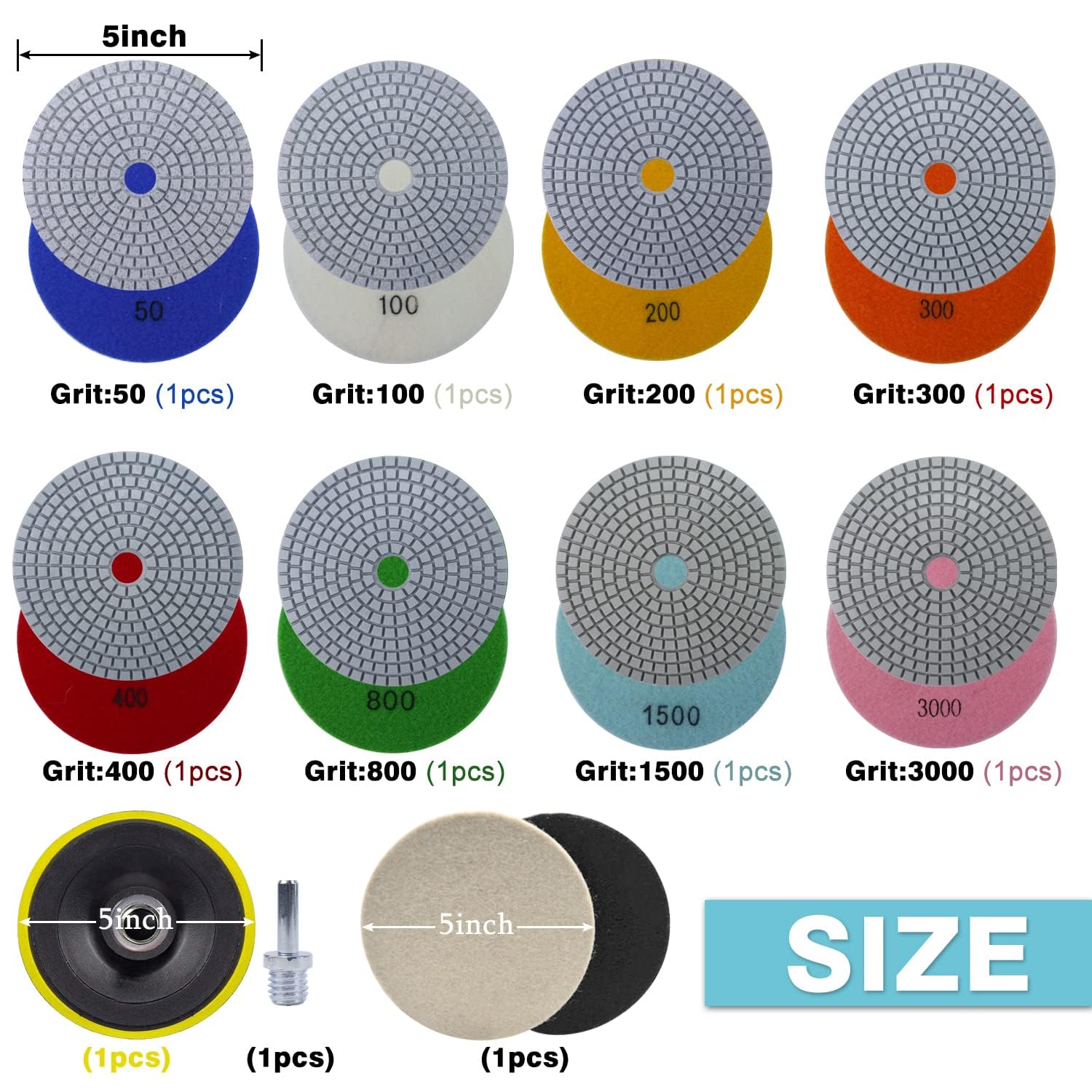 5 Inch Diamond Polishing Pads with 5/8’’-11 Backer Pad - 10Pcs/Box