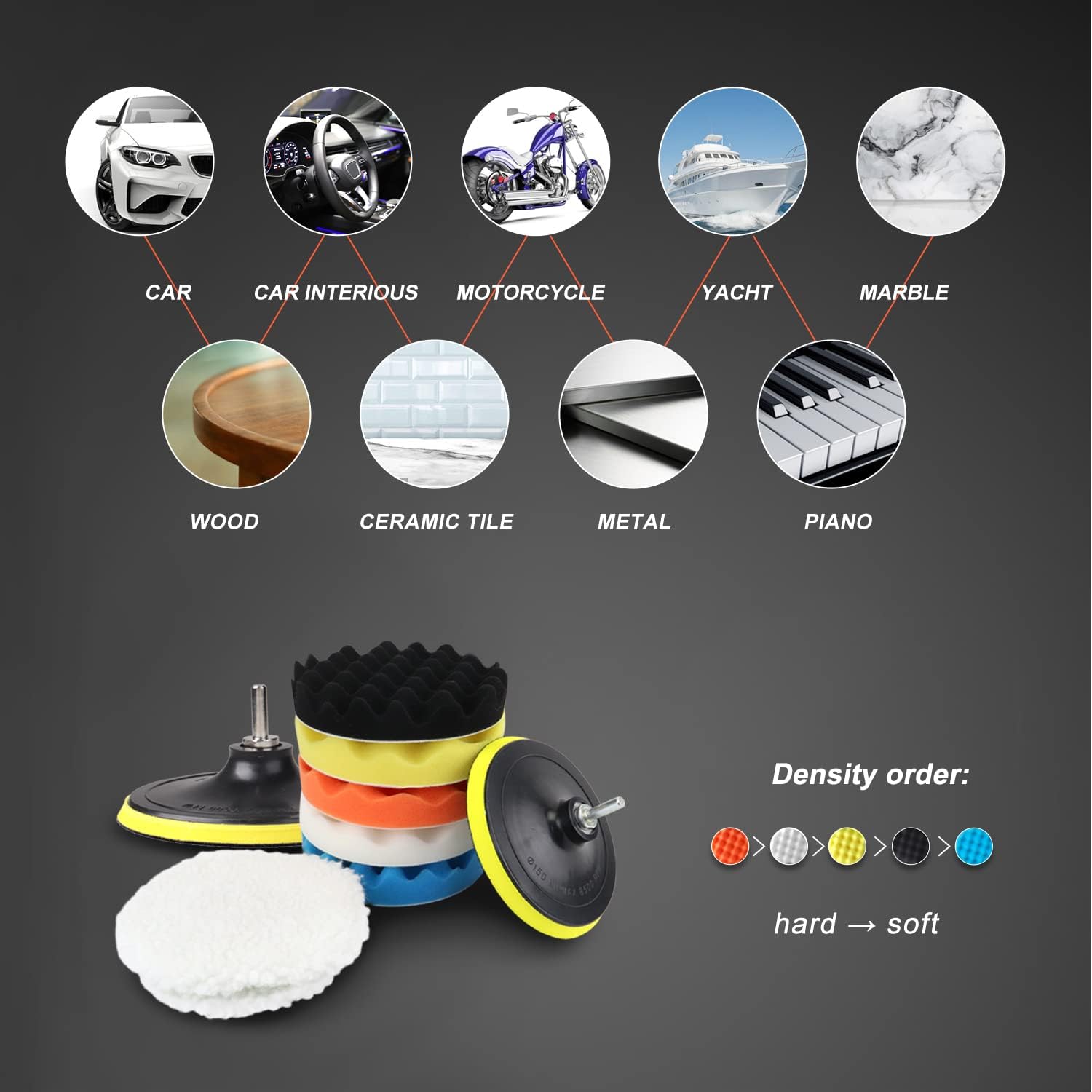 6 Inch Car Polishing & Buffing Sponge Pads Kit with 8mm M14 Drill Adapter - 11Pcs