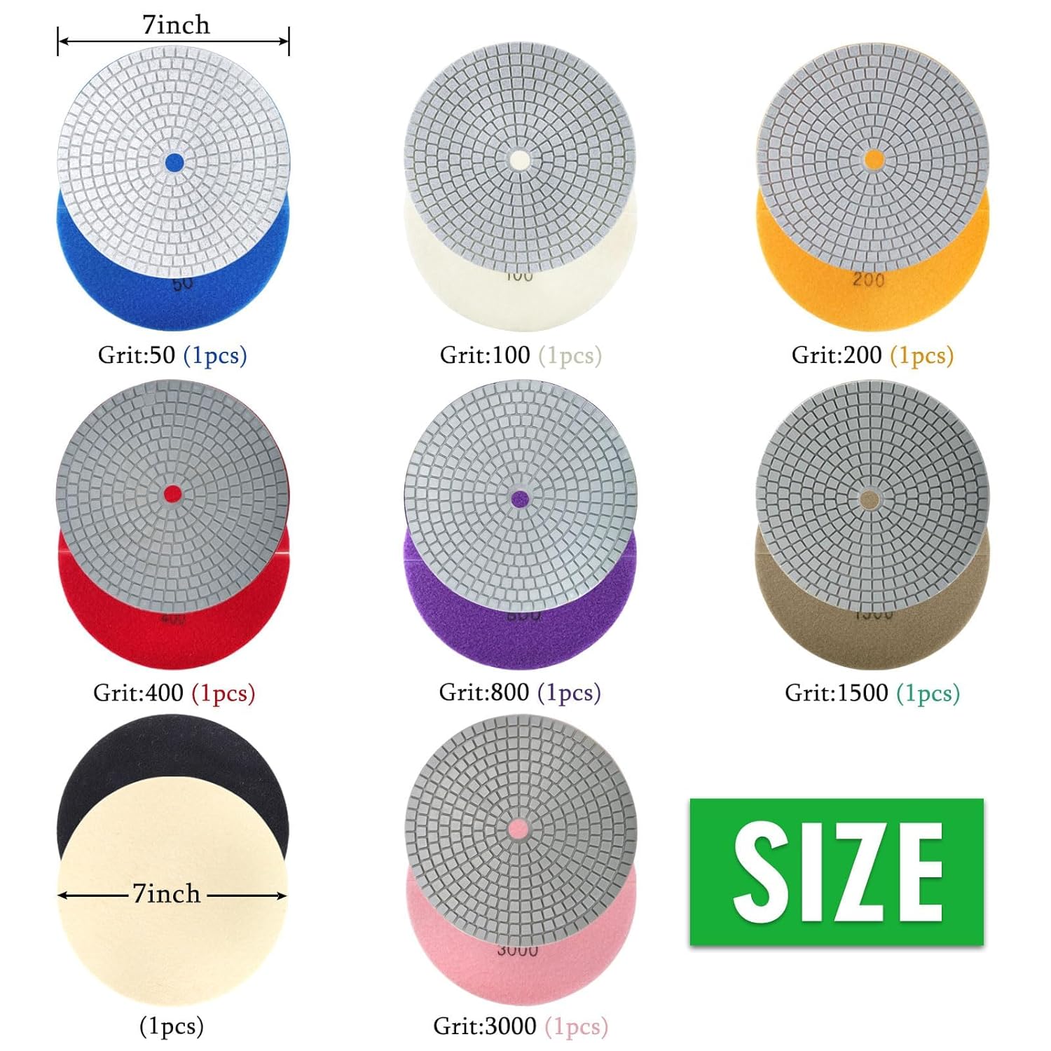 7" Diamond Polishing Pads Wet/Dry for Stone & Concrete - 8Pcs
