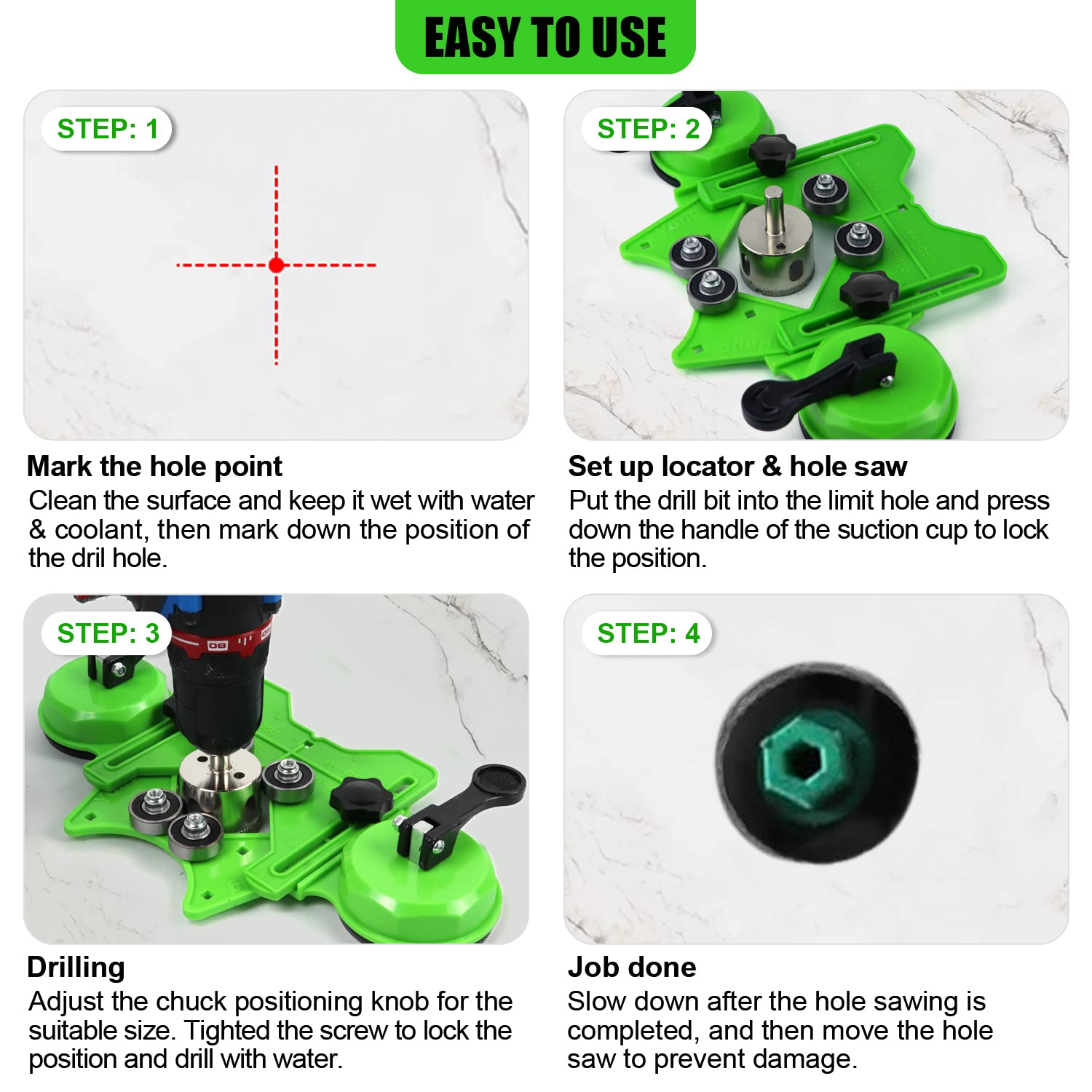 Diamond Hole Saw Kit 17PCS Tile Drill Bits Sets with Double Suction Cups Hole Saw Guide Jig Fixture