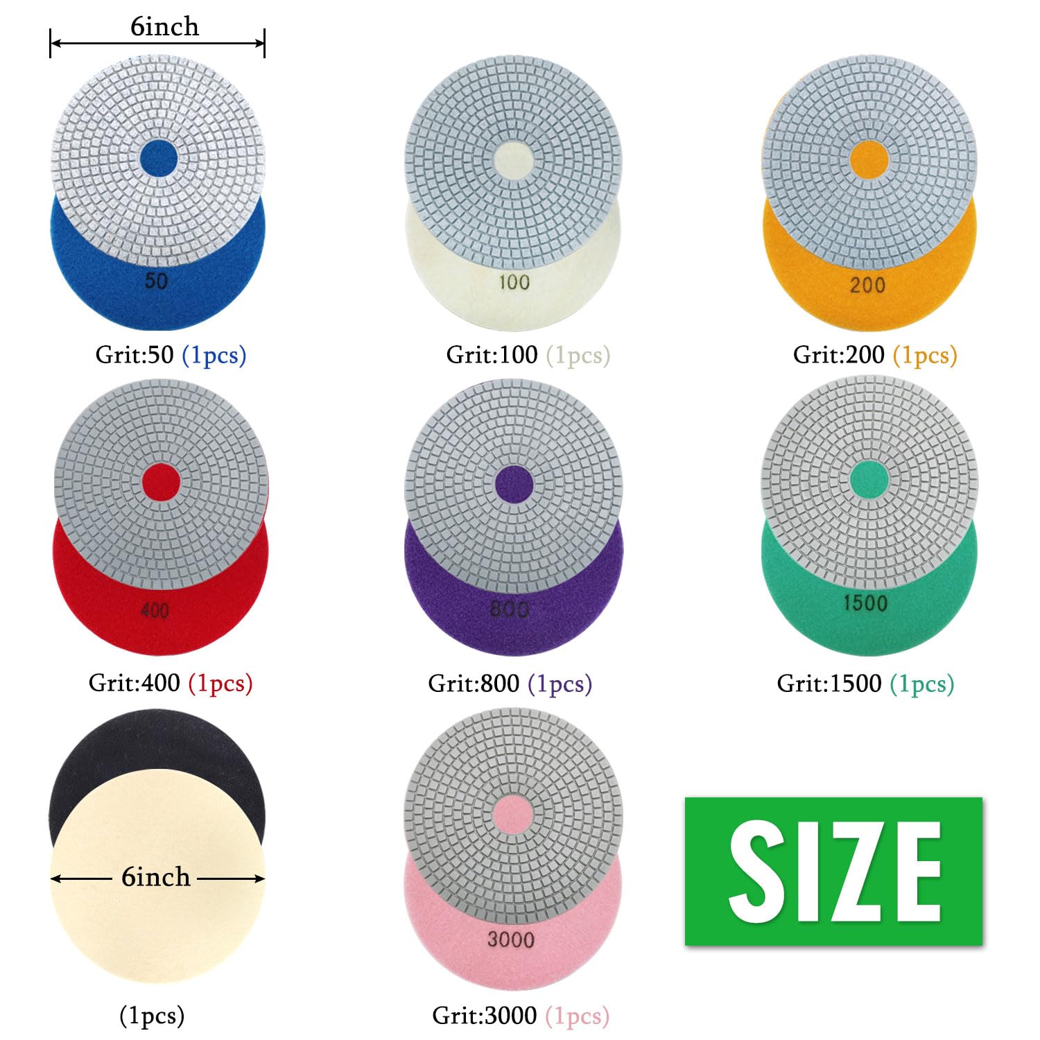 6" Diamond Polishing Pads Wet/Dry 50–3000 Grit for Stone & Concrete - 8Pcs/Box