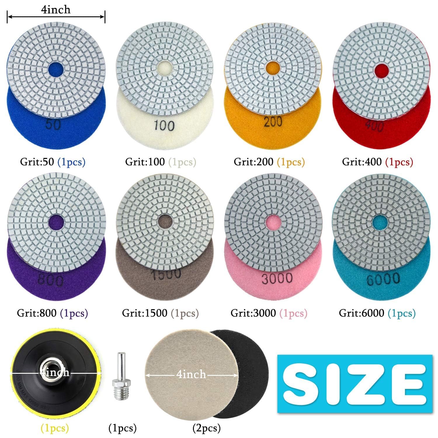 4 Inch Diamond Polishing Pads with 5/8’’-11 Backer Pad - 12Pcs/Box