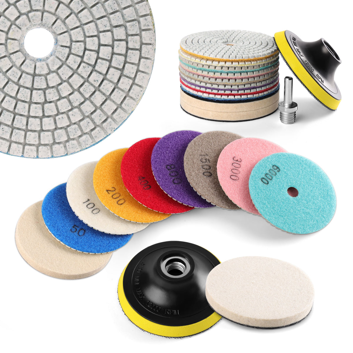 WORKEASE 4 Inch Diamond Polishing Pads with 5/8’’-11 Backer Pad - 12Pcs/Box