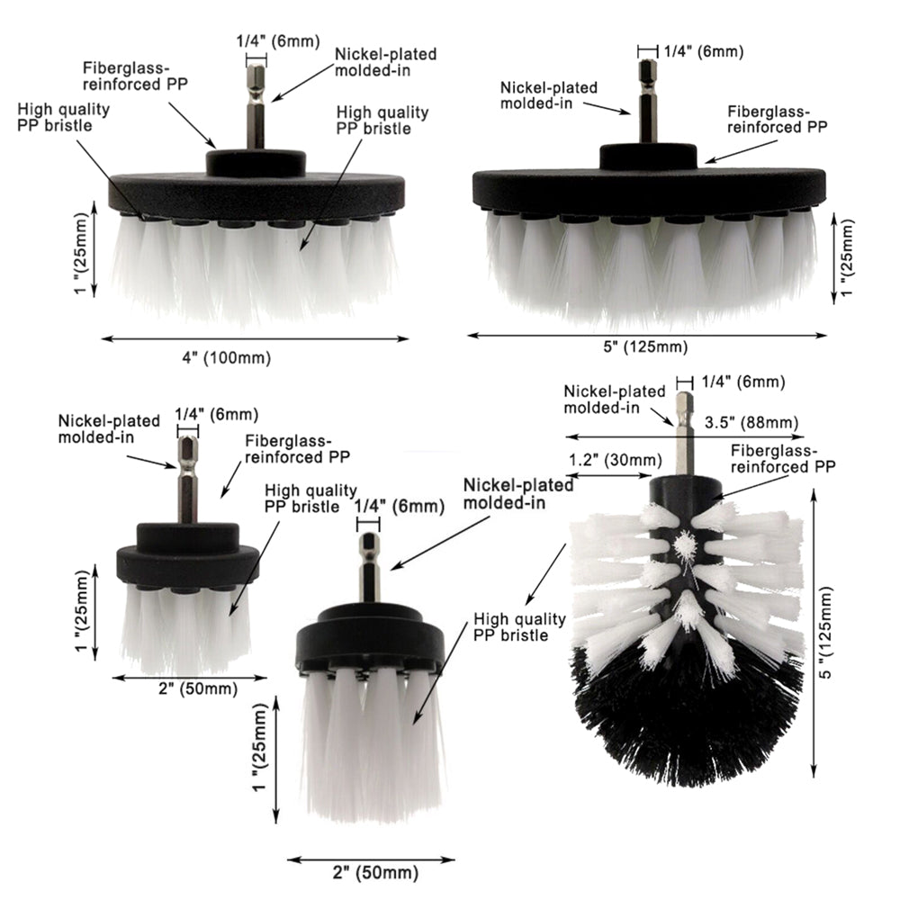 Electric Drill Cleaning Brush For Household/Automotive with 6mm Shank Drill Attachment. 5 Pcs Set