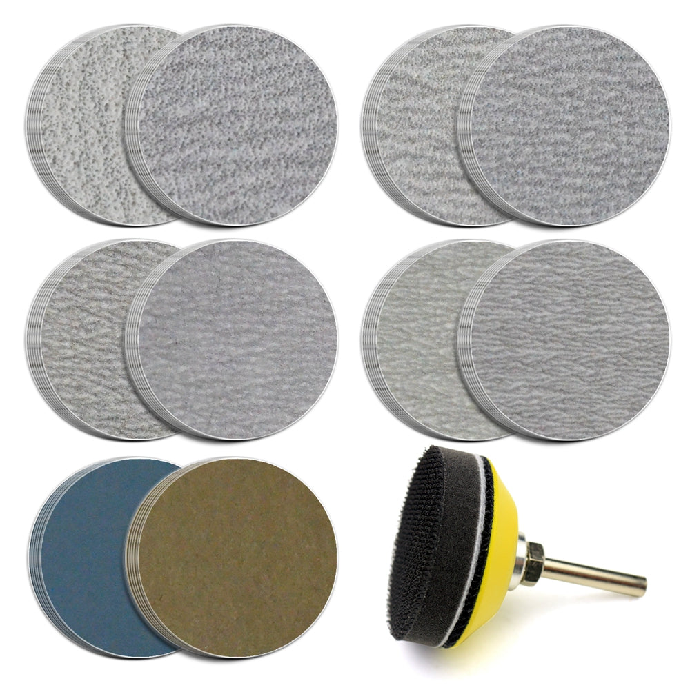 2" (50mm) Assorted Grits Sanding Discs with 6mm Shank Backing Pad + Foam Buffer Pad, 100 Discs