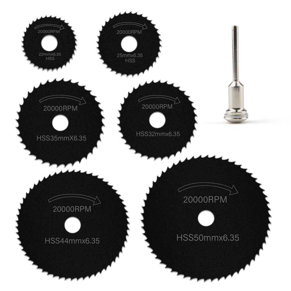 Black HSS(High Speed Steel) Mini Circular Saw Blades 1/8" (3.175mm) Shank Cutting Discs for Dremel Rotary Tools, 7pcs Set