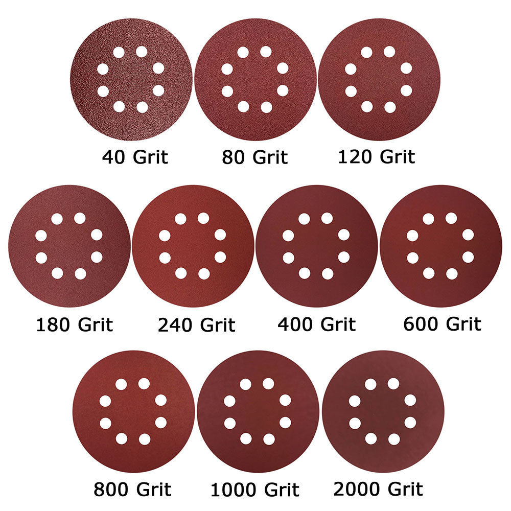 5" (125mm) 8-Hole Assorted Grits Red Grain Hook & Loop Sanding Discs, 50 Discs