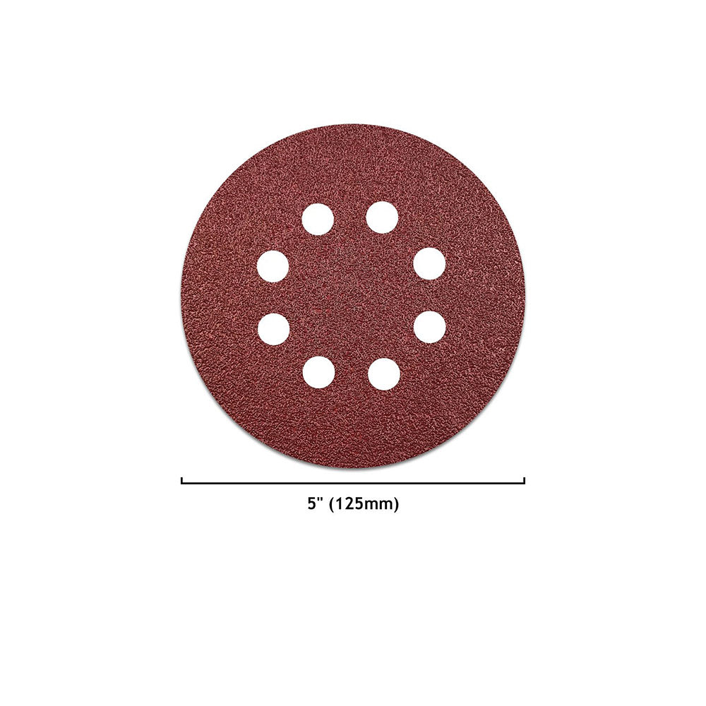 5" (125mm) 8-Hole Assorted Grits Red Grain Hook & Loop Sanding Discs, 50 Discs