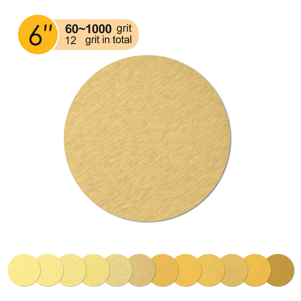 6" (150mm) Yellow Hook&Loop Sanding Discs for Dry Sanding (80-400 Grit), 1 Disc