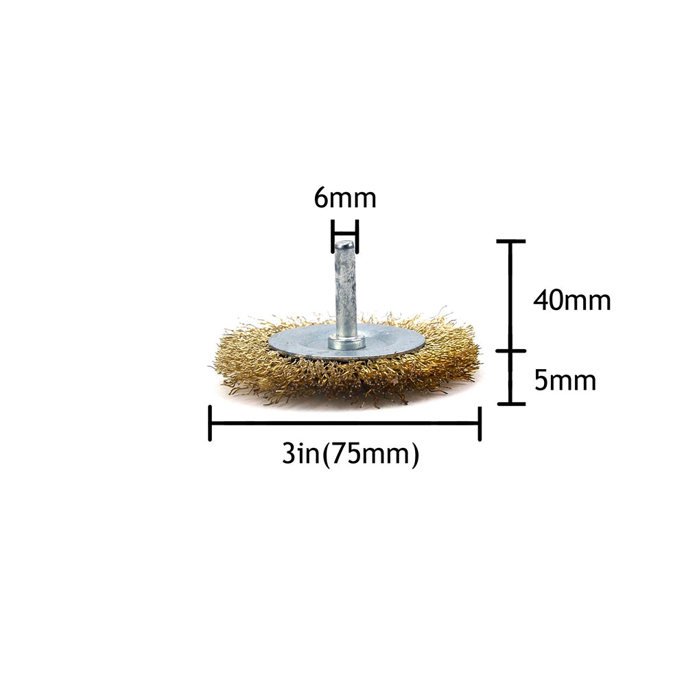 3" (75mm) x 6mm Mounted Shank 0.3mm Brass Plated Steel Wire Wheel Brushes