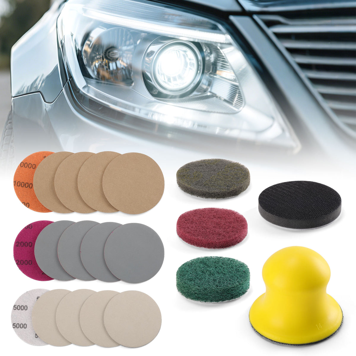 Headlight Restoration DIY Kit (by Hand), 3" (75mm) Scouring Pads + Sanding Discs, Total 19PCS