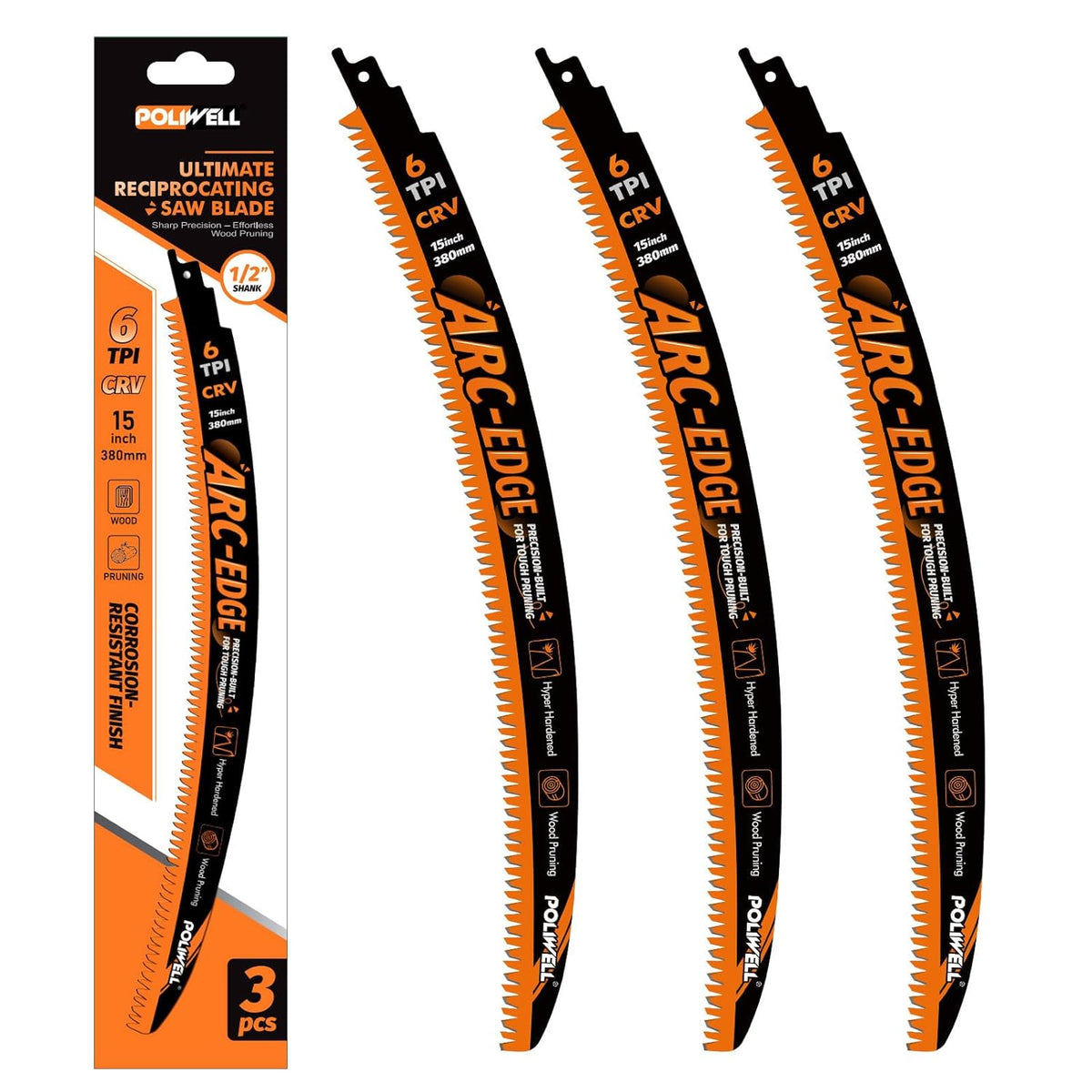 POLIWELL 15" Reciprocating Saw Blade – Arc-Edge 6TPI for Wood & Branch Pruning - 3Pcs