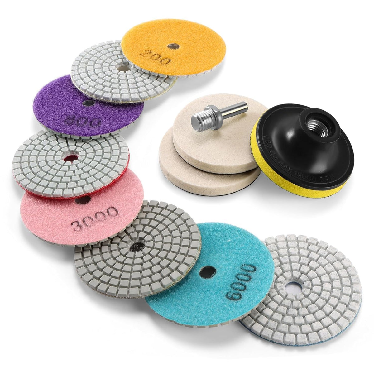 3" (80mm) Assorted Grits Diamond Polishing Discs with 8mm Shank Backing Pad - 12 Pcs