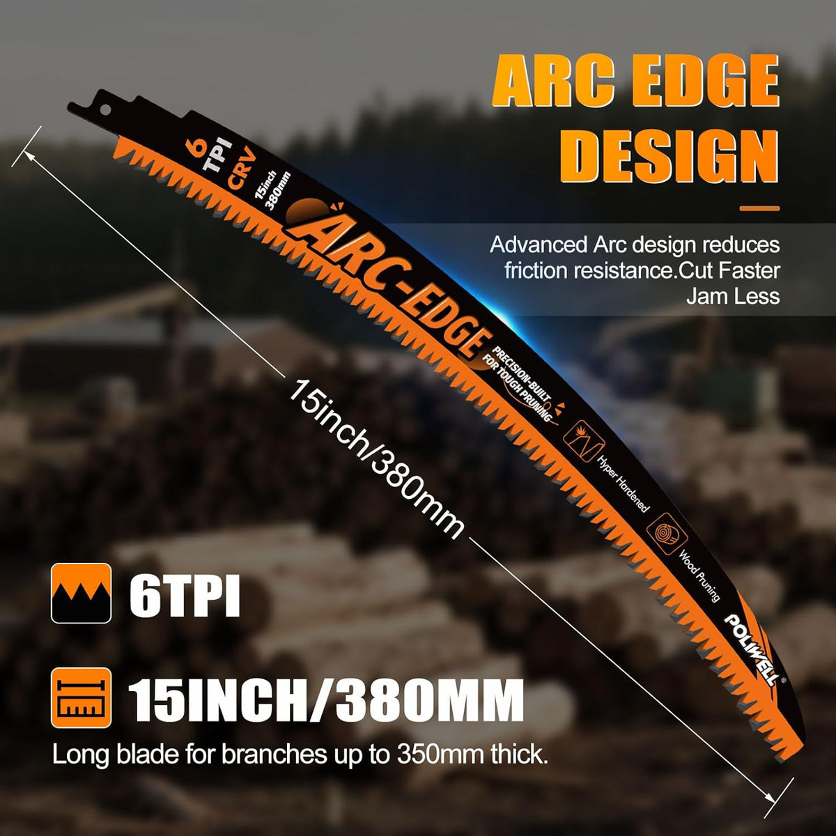POLIWELL 15" Reciprocating Saw Blade – Arc-Edge 6TPI for Wood & Branch Pruning - 3Pcs