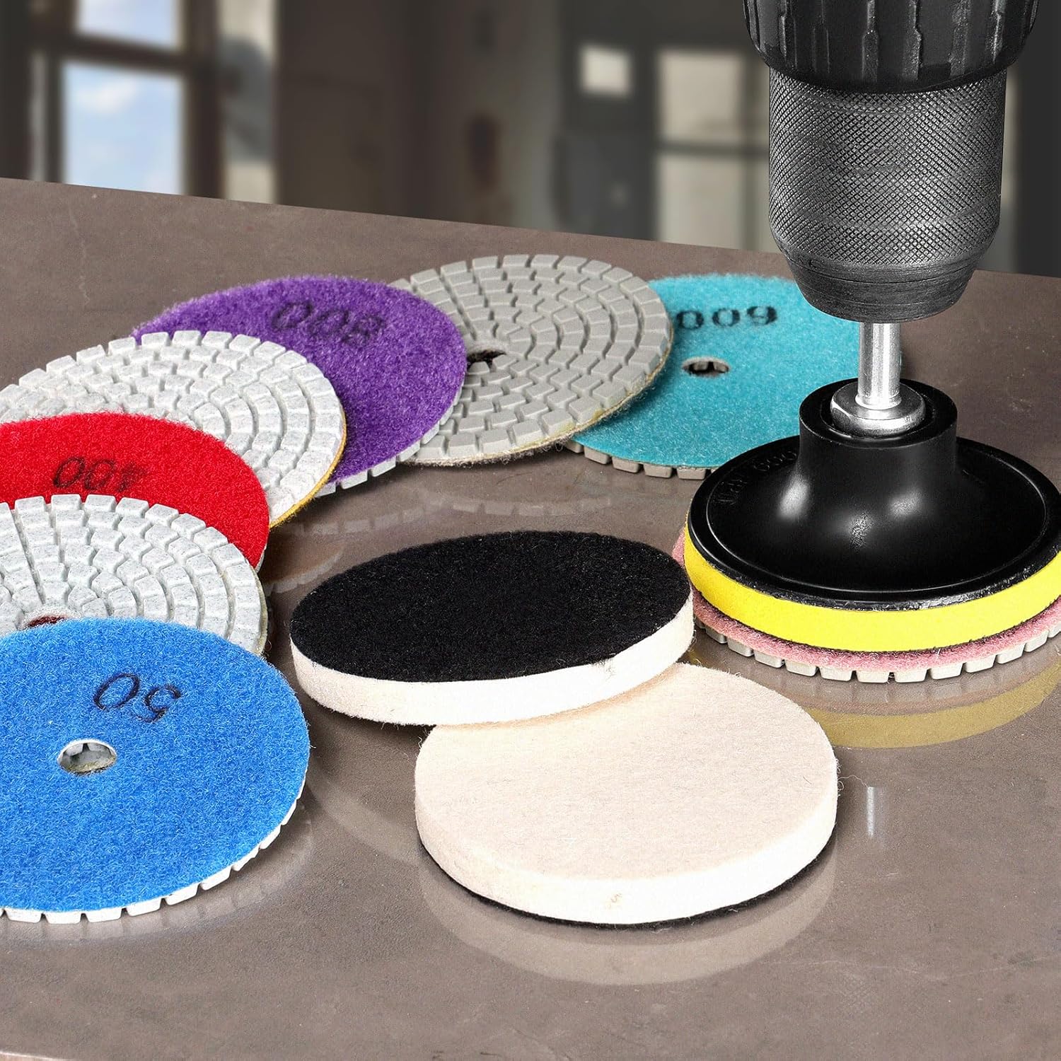 3" (80mm) Assorted Grits Diamond Polishing Discs with 8mm Shank Backing Pad - 12 Pcs