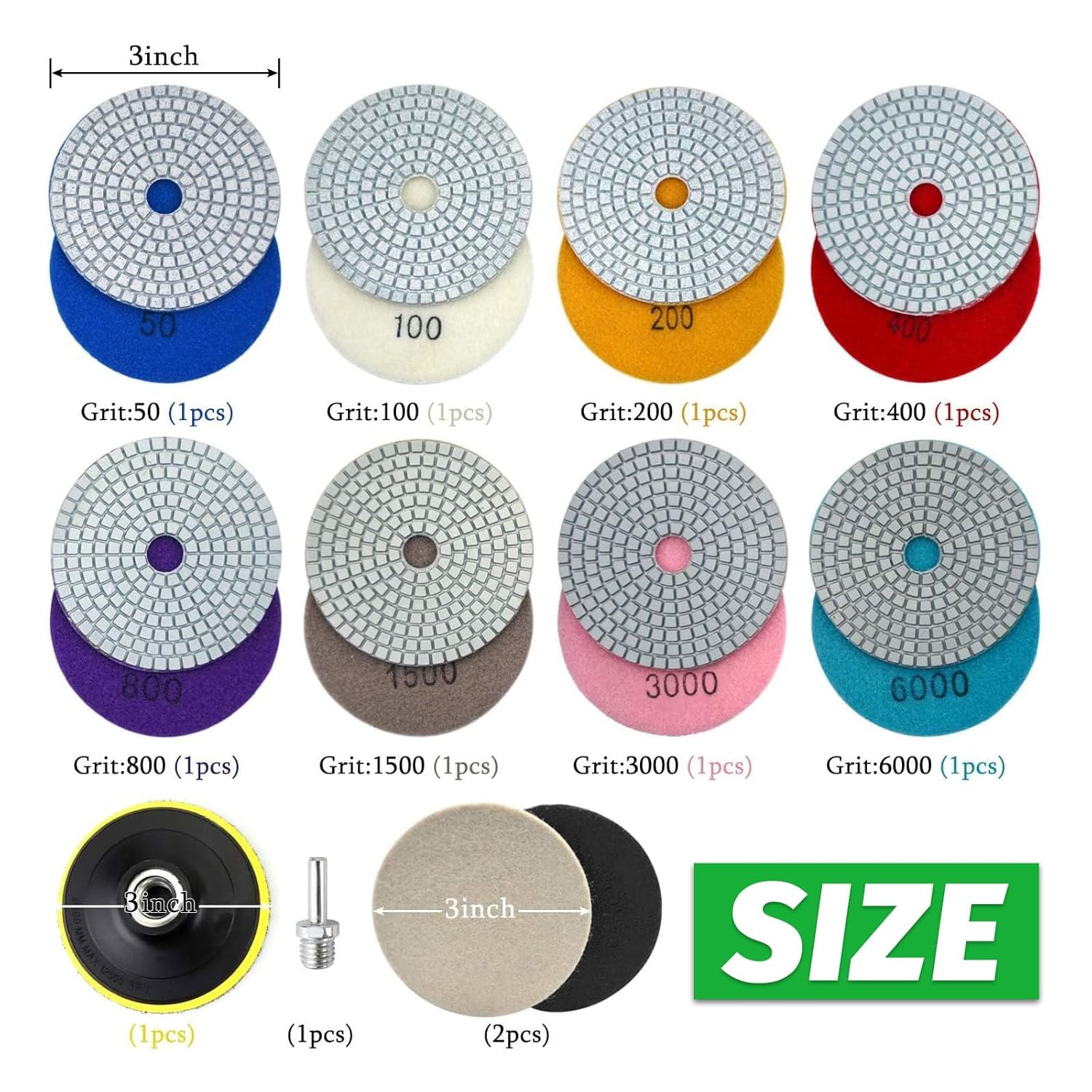 3" (80mm) Assorted Grits Diamond Polishing Discs with 8mm Shank Backing Pad - 12 Pcs