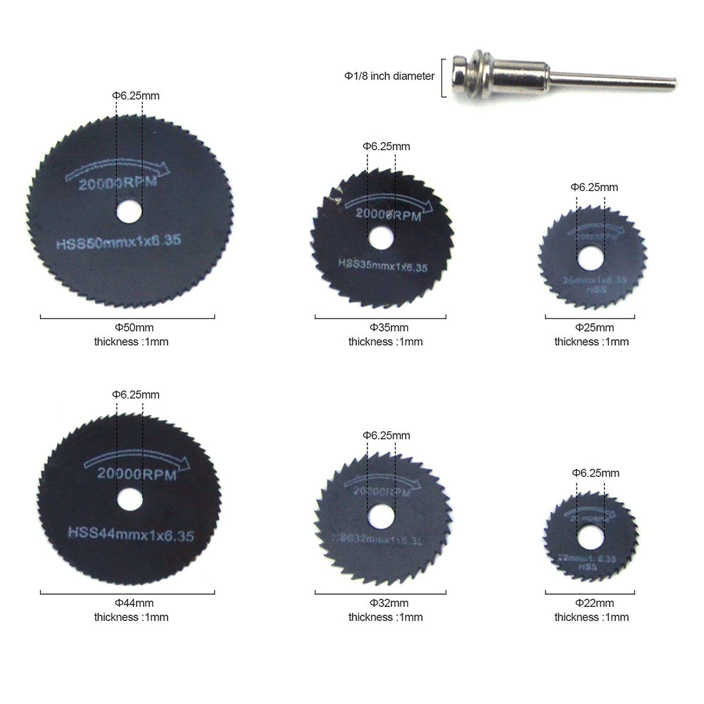Black HSS(High Speed Steel) Mini Circular Saw Blades 1/8" (3.175mm) Shank Cutting Discs for Dremel Rotary Tools, 7pcs Set