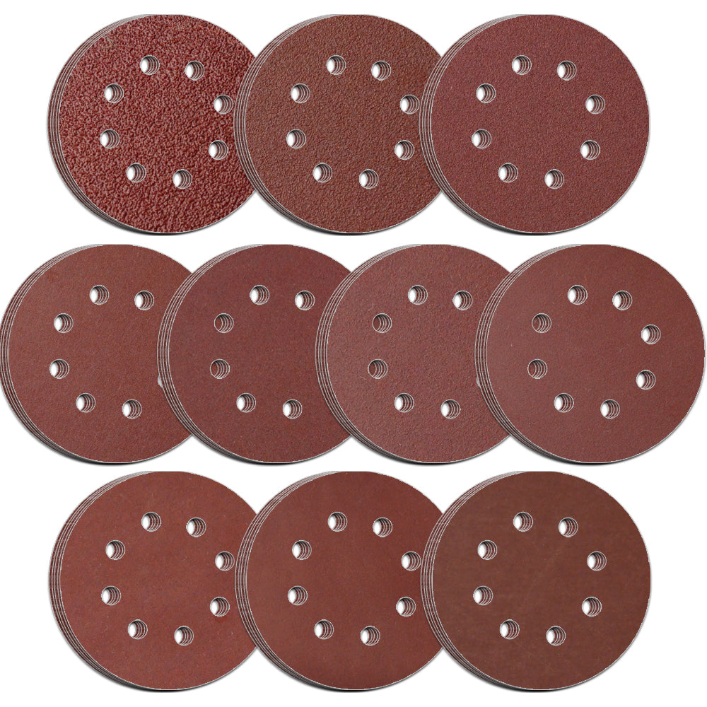 5" (125mm) 8-Hole Assorted Grits Red Grain Hook & Loop Sanding Discs, 50 Discs
