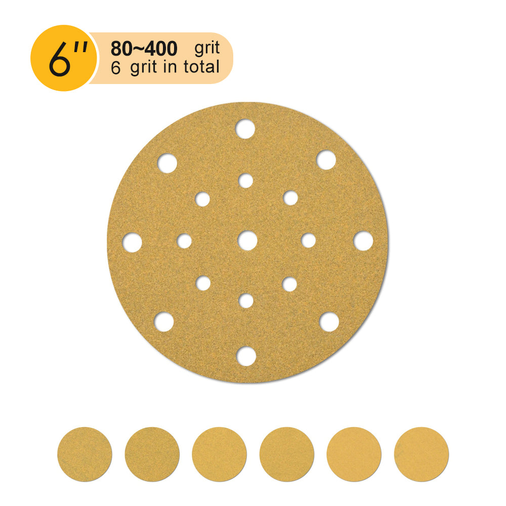 6" (150mm) 17-Hole Yellow Hook&Loop Sanding Discs for Dry Sanding (80-400 Grit), 1 Disc