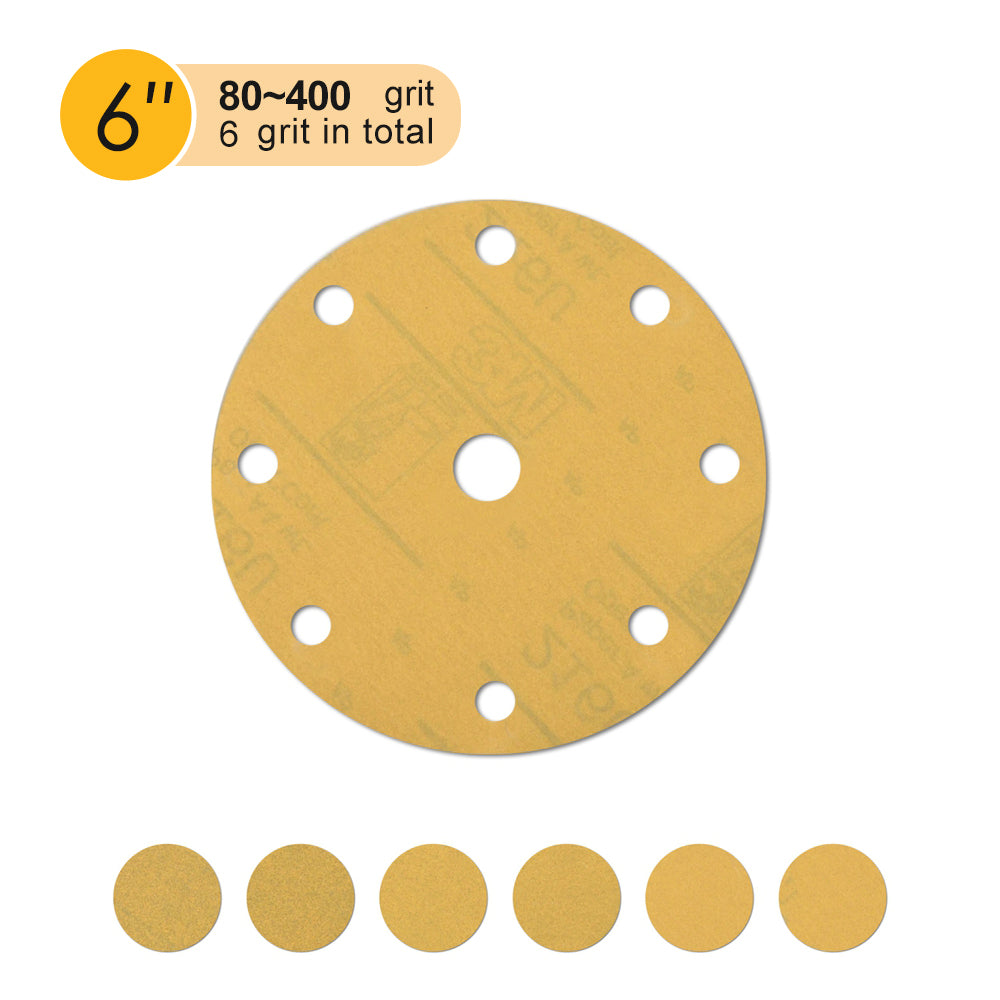 6" (150mm) 9-Hole Yellow Hook&Loop Sanding Discs for Dry Sanding (80-400 Grit), 1 Disc